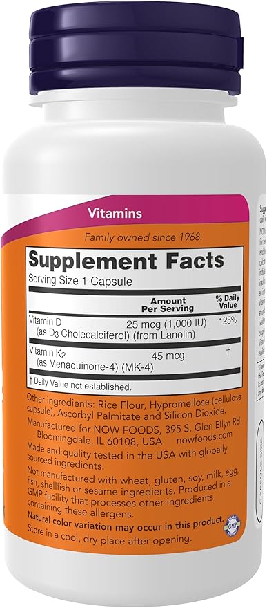 NOW VITAMIN D3 1000IU + K2 CAPS OF 90
