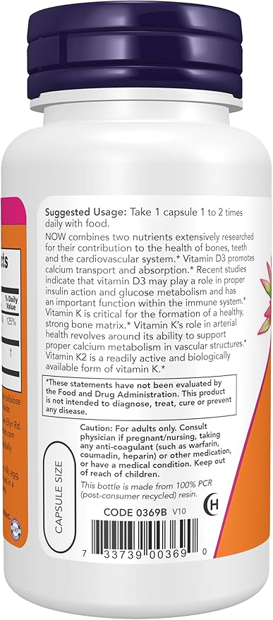 NOW VITAMIN D3 1000IU + K2 CAPS OF 90