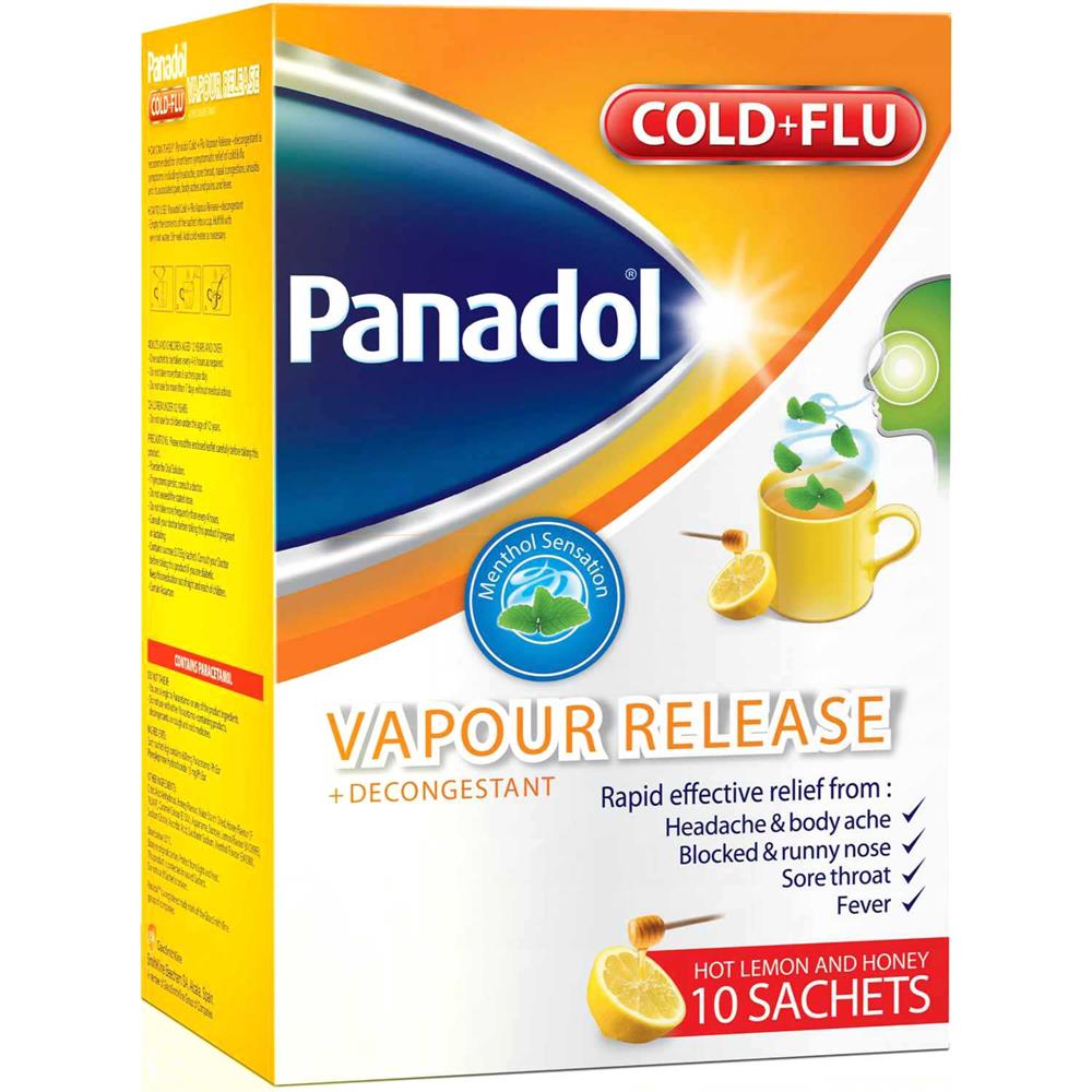 PANADOL COLD & FLU VAPOUR RELEASE SACHETS WITH HOT LEMON AND HONEY PACK OF 10'S